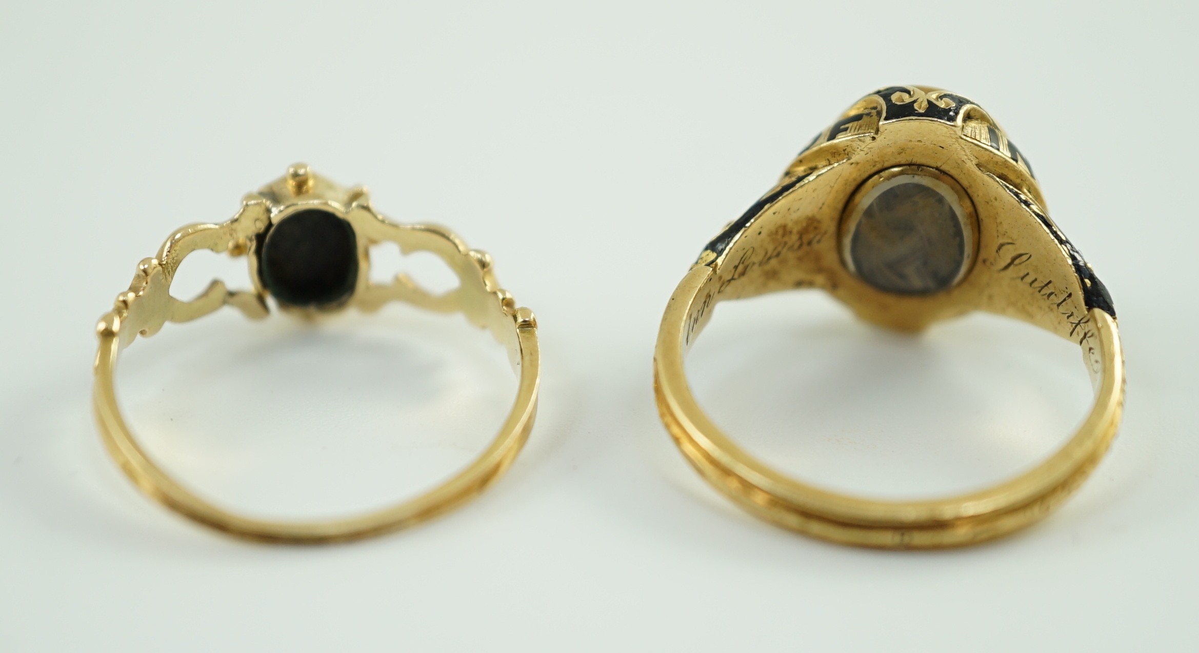 Two Victorian gold and chalcedony set mourning rings